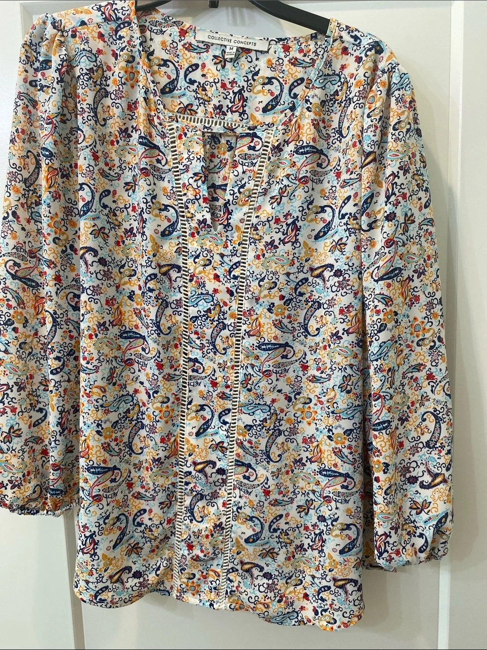 Collective Concepts Cream Paisley Peasant Top with Navy & Yellow Accents - Picture 3 of 3
